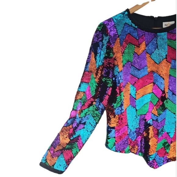 Vintage 80s Oleg Cassini Sequin Top 100% Silk & Rayon Sz 8 Statement Piece Artsy - Picture 3 of 16